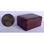 A LARGE 19TH CENTURY JAPANESE MEIJI PERIOD RED LACQUER BOX AND COVER together with a bronze hand mir