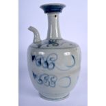 AN UNUSUAL 19TH CENTURY CHINESE BLUE AND WHITE STONEWARE KENDI painted with floral sprays and motifs