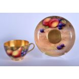 Royal Worcester cup and saucer painted with fruit and berries on a mossy bank by Harry Ayrton and Wm