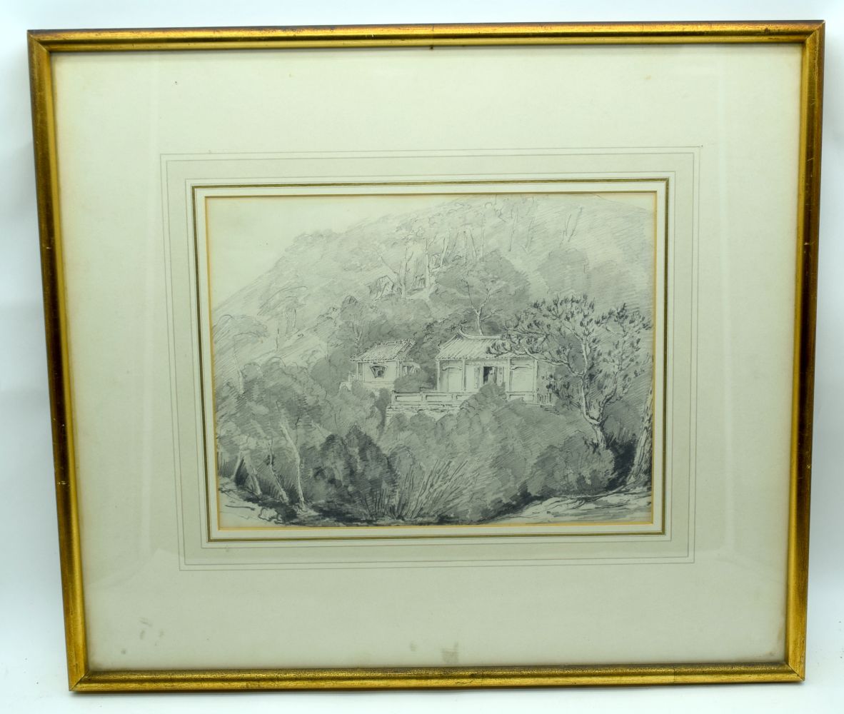 Thomas Boswell 1815-1860 Charcoal of the Temple at Castle Peak, Hong Kong 23 x30cm