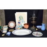 Miscellaneous collection Staffordshire flat back figure, Character jug , oil lamp , picture .