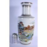 A LARGE CHINESE FAMILLE ROSE PORCELAIN ROULEAU VASE 20th Century, decorated with landscapes. 46 cm x