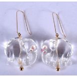 A PAIR OF VINTAGE INDIAN ROCK CRYSTAL AND RUBY ELEPHANT EARRINGS. 3 cm x 2.5 cm.