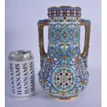 A LARGE TWIN HANDLED CONTINENTAL SILVER AND ENAMEL JEWELLED VASE decorated with flowers. 1222 grams.