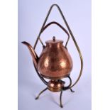 A LARGE ARTS AND CRAFTS BENSON STYLE SPIRIT KETTLE ON STAND with hammered body. 40 cm x 22 cm.