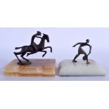TWO 1950S EUROPEAN BRONZE FIGURES Attributed to Hagenauer. Largest 11 cm x 10 cm. (2)