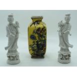Two Chinese Blanc de Chine figures of females together with a Famille Jaune vase 26cm (3)losses dama