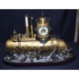 A Contemporary Submarine clock set on a wooden base 55 x 92cm.