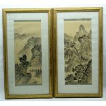 Pair of Chinese framed prints depicting a mountainous scene. 44 x 18cm (2).