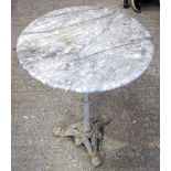 A Marble top garden table with an ornate cast iron legs 75 x 60cm