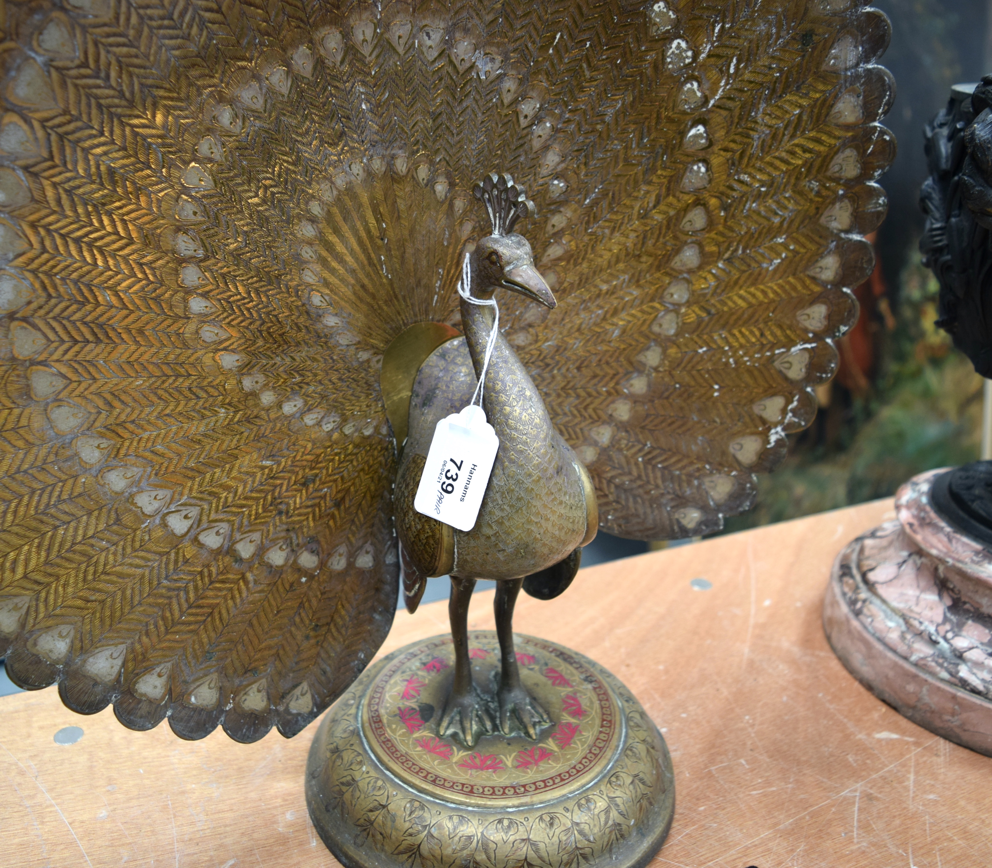 A RARE LARGE PAIR OF EARLY 20TH CENTURY INDIAN ENAMELLED BRASS PEACOCKS upon circular bases decorate - Image 11 of 11