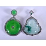 TWO CHINESE JADEITE PENDANTS 20th Century. 3 cm x 2.5 cm. (2)