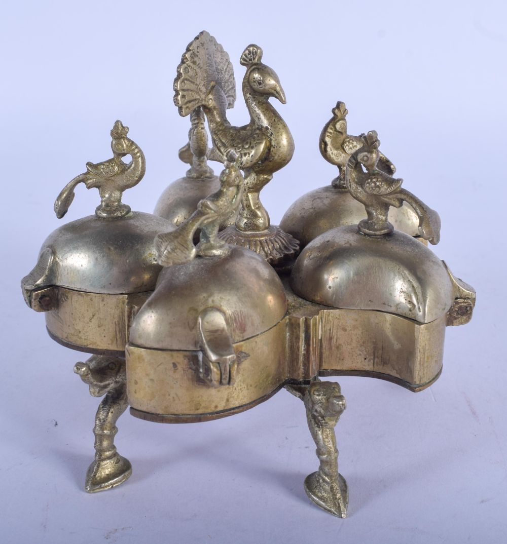 A 19TH CENTURY INDIAN SILVERED BRONZE PANDAN SPICE BOX overlaid with birds. 11 cm x 11 cm.