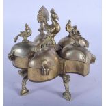 A 19TH CENTURY INDIAN SILVERED BRONZE PANDAN SPICE BOX overlaid with birds. 11 cm x 11 cm.