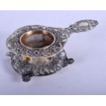 A 19TH CENTURY CONTINENTAL SILVER TEA STRAINER ON STAND. 87 grams. 12 cm x 7 cm. (2)