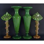 A LARGE PAIR OF VINTAGE OLIVE GREEN VASES together with a smaller pair. Largest 37 cm high. (4)
