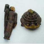 A Chinese bronze lidded toad censer together with a bronze reclining buddha 34cm.