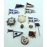 A Collection of sailing related enamelled badges together with other badges (13).