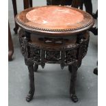 A 19TH CENTURY CHINESE CARVED HARDWOOD AND MARBLE STAND. 47 cm x 43 cm.