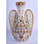 Royal Crown Derby vase of Persian inspiration with reticulated handles painted with trailing flowers