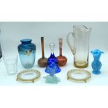 A collection of coloured glass vases, ornaments, dishes etc 26cm (10).