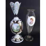 AN ANTIQUE BOHEMIAN ENAMELLED GLASS VASE together with a bohemian portrait vase. 32 cm high. (2)