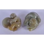 TWO CHINESE CARVED GREEN JADE FIGURES 20th Century. Largest 6 cm x 4 cm. (2)