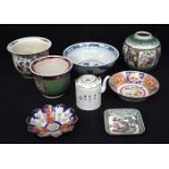 A collection of Chinese ceramic items tea pots, bowls , dishes etc. 30cm, (8)