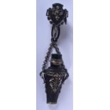 A RARE 19TH CENTURY SILVER OVERLAID WOOD SCENT BOTTLE with attached sliding shield buckle. 16 cm lon