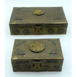 Two small bronze panelled Chinese boxes heavily embossed and circular Jadeite inserts 23 x 15cm (2)