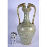 A LARGE CHINESE TWIN HANDLED CELADON PORCELAIN VASE 20th Century, bearing Yongzheng marks to base, p