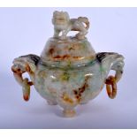 AN EARLY 20TH CENTURY CHINESE TWIN HANDLED JADE CENSER AND COVER Late Qing/Republic. 11 cm x 11 cm.