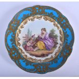 A FINE 19TH CENTURY EUROPEAN PORCELAIN POWDER BLUE GROUND PLATE Sevres style, painted with a female