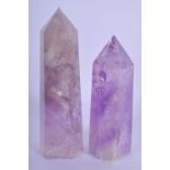 TWO CONTINENTAL CARVED AMETHYST OBELISKS. Largest 13 cm high. (2)