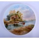 19th c. Copeland wall plate painted with a cart and horse pulling logs across a river by J. J. Birbe