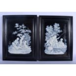 English porcelain fine pair of pate sur pate plaques both decorated with children frolicking on an i