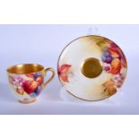 Royal Worcester coffee cup and saucer painted autumnal leaves and berries by Kitty Blake, signed, d