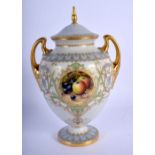 Royal Worcester two handled art nouveaux style vase and cover painted with fruit by J. Flexman, sign