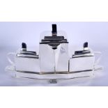 AN ART DECO STYLE SILVER PLATED THREE PIECE TEASET. 39 cm x 22 cm.