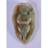 AN EARLY 20TH CENTURY CHINESE CARVED JADE FIGURAL LEAF. 6.5 cm x 2.5 cm.,