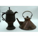 A copper kettle together with an metal Middle Eastern embossed coffee pot 31cm (2).