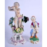 AN 18TH CENTURY CONTINENTAL PORCELAIN FIGURE OF A MUSICIAN together with an early 19th century Derby