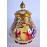 A ROYAL WORCESTER FRUIT PAINTED POT POURRI AND COVER by J Kerrett. 12 cm x 7 cm.