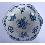 18th c. Worcester junket dish or salad bowl decorated on the interior in blue with flowers, fir cone