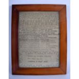 AN EARLY 19TH CENTURY FRAMED ENGLISH SAMPLER by Tabitha Morton 1812. Image 32 cm x 22 cm.