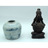 A Japanese ginger jar and a pottery Tribal figure 25cm (2).