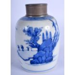 AN 18TH CENTURY CHINESE BLUE AND WHITE PORCELAIN TEA CADDY Qing, painted with landscapes. 11 cm x 6
