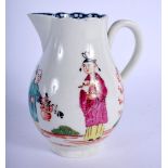 18th c. Worcester rare sparrow beak jug with scalloped rim painted with two Chinese figures in lands