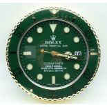 A CONTEMPORARY ROLEX TYPE WALL CLOCK. 34 cm diameter.