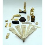 Collection of Ivory items , Canton Fan, mask, figures 20cm (16).
